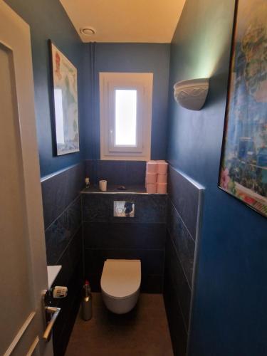 ein blaues Bad mit einem WC und einem Fenster in der Unterkunft LUCIE LEBRETON in Versainville