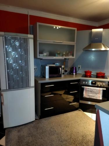 a kitchen with a white refrigerator and a stove at Samostatný domeček in Klášterec nad Ohří