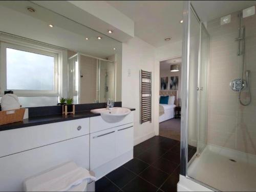 a bathroom with a sink and a shower at Luxury Dockview 3 Beds Excel London in London