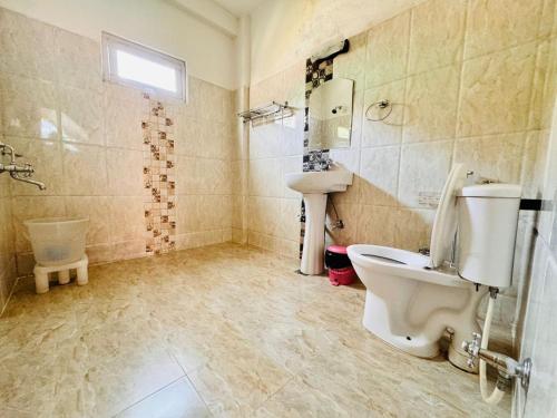 La salle de bains est pourvue de toilettes et d'un lavabo. dans l'établissement Sethan valley cottage, à Manali