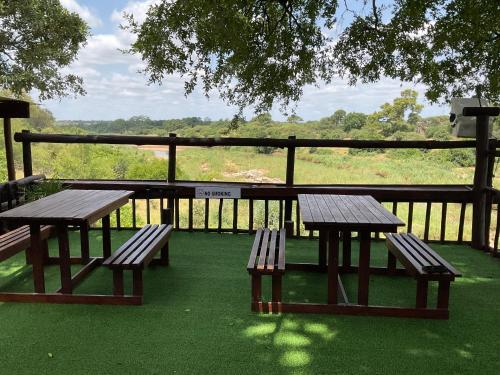 due panche e un tavolo da picnic sull'erba di Letaba Waterfront Lodge a Letaba Wildlife Reserve