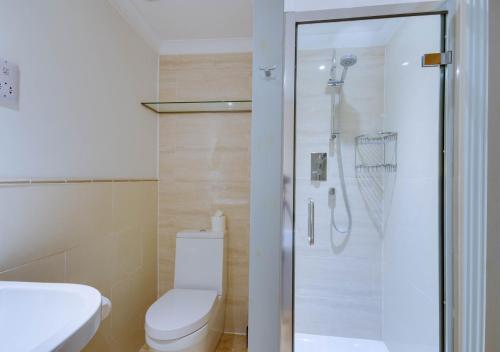 a bathroom with a shower with a toilet and a sink at Pont View in Fowey
