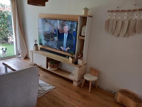 un salon avec une télévision à écran plat dans un meuble dans l'établissement Villa 4 chambres avec jacuzzi, à Saint-Maximin-la-Sainte-Baume
