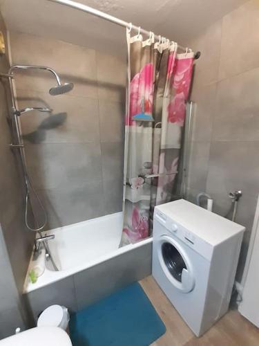 une salle de bain avec douche et machine à laver dans l'établissement Le Silvaplana : Apt 4 Prs, 300 m plages, parking, à Antibes