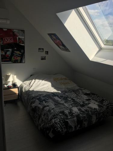 Schlafzimmer mit einem Bett und einem Fenster in der Unterkunft Maison 24H du Mans in Teloché