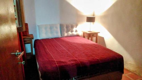 a bedroom with a red bed with a red blanket at Casa con pileta en Gonnet Bell in Manuel B. Gonnet