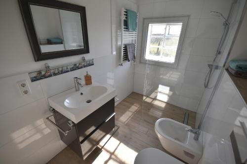 a white bathroom with a sink and a toilet at Hoheluft am Wittensee Apt 1 in Groß Wittensee