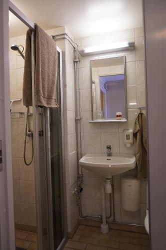 a small bathroom with a sink and a mirror at STF Wendelsberg Hotel & Hostel in Mölnlycke