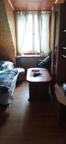 a room with a bed and a table and a window at Samostatný domeček in Klášterec nad Ohří