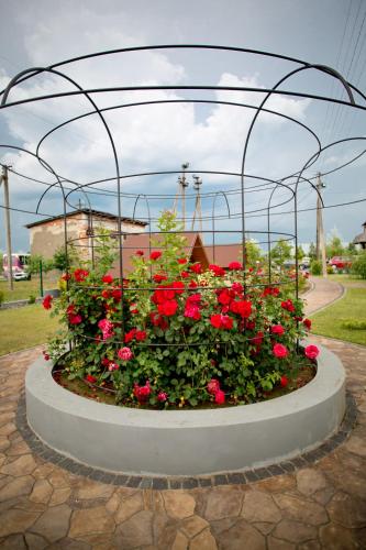 a flower bed with red flowers in a greenhouse at Tulipan Hotel Aquapark in Vyshkove