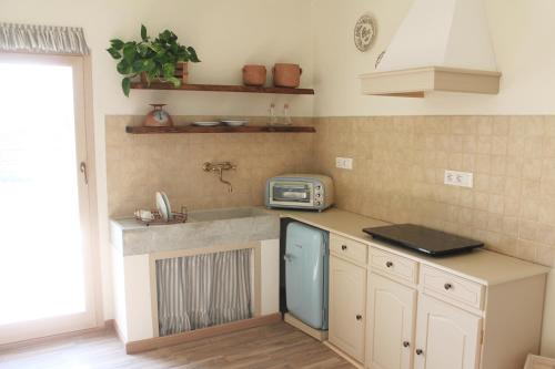 a kitchen with a blue refrigerator and a microwave at Agriturismo Borgo del Canto in Borghetto dʼArroscia