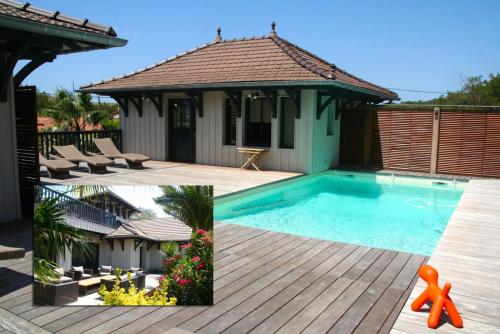 une maison avec une piscine et un kiosque dans l'établissement Stunning high standard Villa, heated Pool +aircon, à Lège-Cap-Ferret