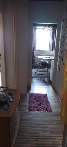 a hallway with a table and a rug on the floor at Samostatný domeček in Klášterec nad Ohří