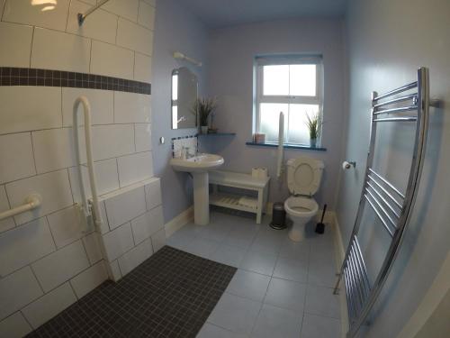 a bathroom with a sink and a toilet and a window at Seagull Cottage B&B in Portmagee