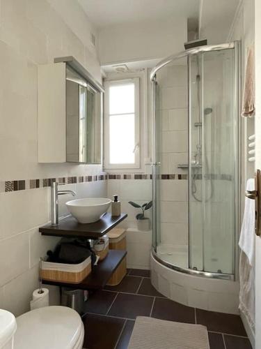 a bathroom with a shower and a toilet and a sink at Louis’ haven in Paris