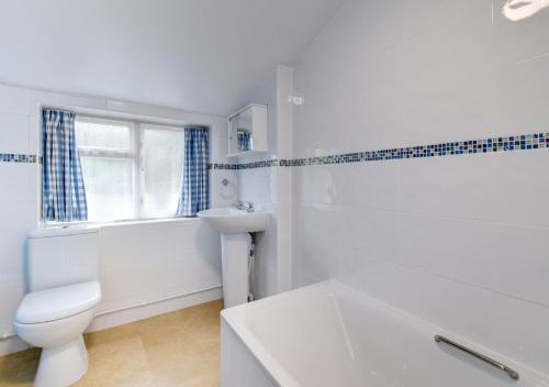 a white bathroom with a toilet and a sink at Meadow Cottage in Bridport