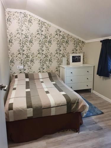 a bedroom with a bed and a dresser in it at O pallar in Bardaos