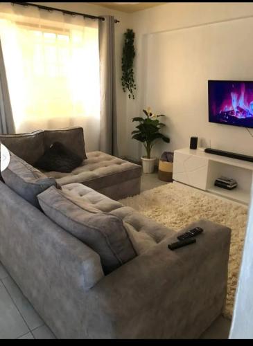 sala de estar con sofá y TV de pantalla plana en Vanquish luxury, en Nairobi