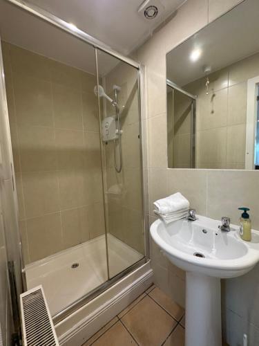 W łazience znajduje się prysznic, umywalka i prysznic. w obiekcie House Terrace w mieście Waterford