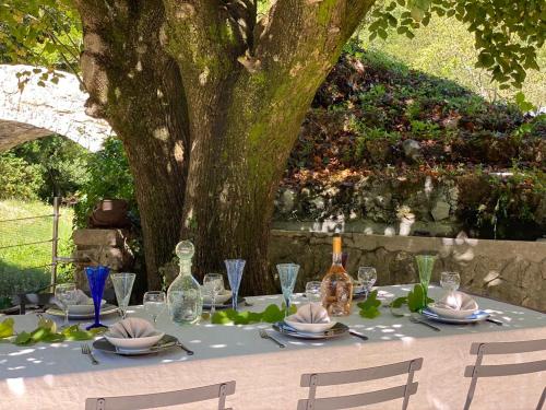 une table avec des assiettes, des verres et un arbre dans l'établissement Le Moulin et sa Bergerie, à Saint-Vallier-de-Thiey