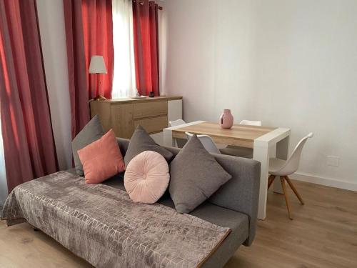 a living room with a couch with pillows and a table at Apartamento Plaza de las Flores in Murcia