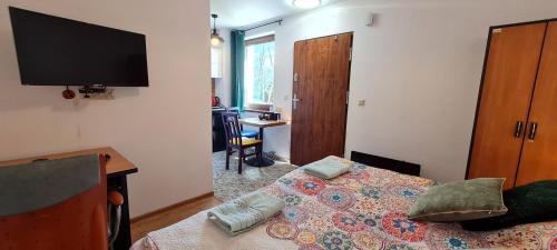 a bedroom with a bed and a flat screen tv at Pensjonacik Ogrody in Pierzchno