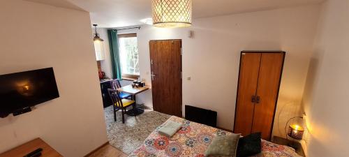 a room with a bed and a desk and a television at Pensjonacik Ogrody in Pierzchno