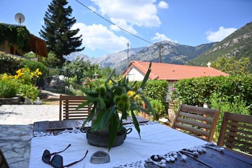a table with a vase of flowers on it at Kalavrita Winter Retreat - Homely Spacious Chalet in Áno Vlasía