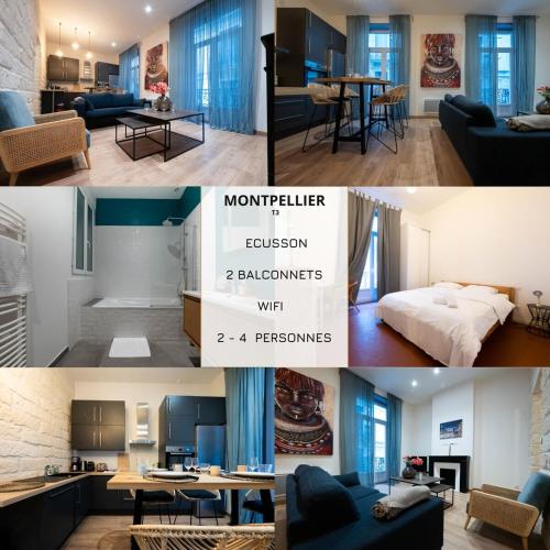 un collage de photos d'un salon et d'une chambre dans l'établissement Le passage - Centre ville, à Montpellier
