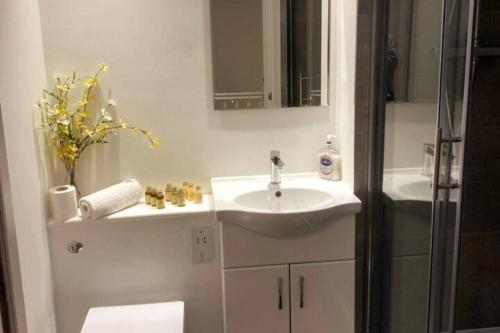 a bathroom with a sink and a shower at Modern Serviced 1 Bed Apartment - Sleeps 3 Near Heathrow, Thorpe Park, Windsor Castle - Staines TW18 London in Staines upon Thames