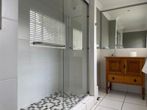 a bathroom with a glass shower and a sink at Patcham Place in Clarens