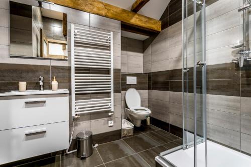 a bathroom with a toilet and a glass shower at Restaurace Stará Lípa in Česká Lípa