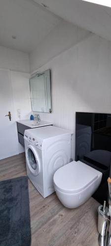 a bathroom with a washing machine and a toilet at Ferienwohnung Barntrup Lippe in Barntrup