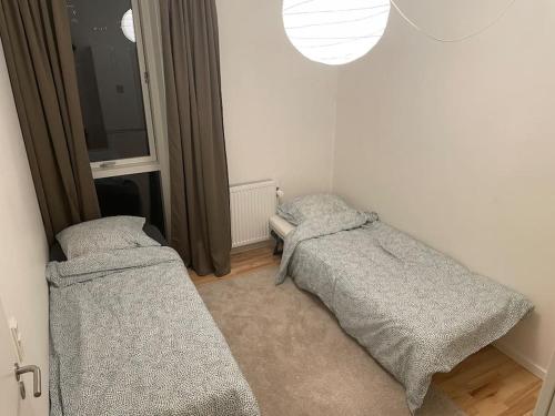 哥本哈根的住宿－Modern apartment in Ørestad，一间卧室设有两张床和窗户。