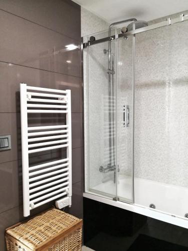 a shower with a glass door in a bathroom at Luxury centro Silgar in Sanxenxo