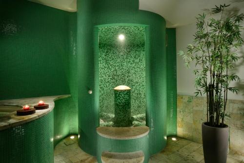 baño verde con ducha con pared verde en Hotel Recostano Residence en Trevignano Romano