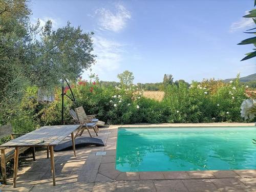 - une piscine avec une table et un banc à côté dans l'établissement villa Malisa, à La Voulte-sur-Rhône