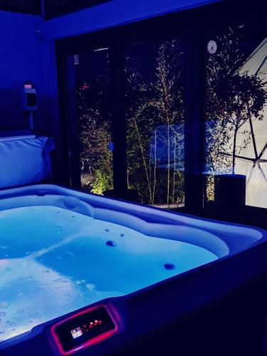 a blue bath tub in a room with a window at H49 Apartman Wellness & Spa - Adults only in Sovata