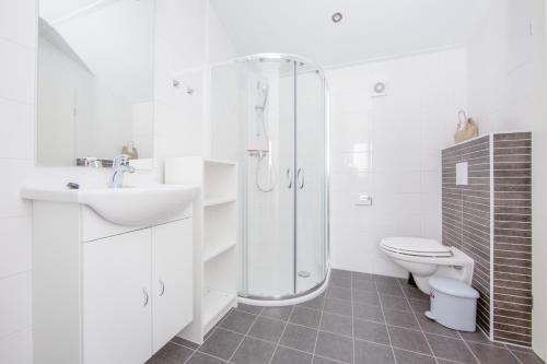 W łazience znajduje się prysznic, toaleta i umywalka. w obiekcie Ostsee Mobilheime Heideby w mieście Waabs