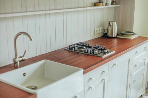 a kitchen with a sink and a wooden counter top at Oleru muiža in Oleri