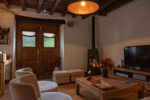 sala de estar con chimenea y TV en Olagaraia - Adults Only, en Etxalar