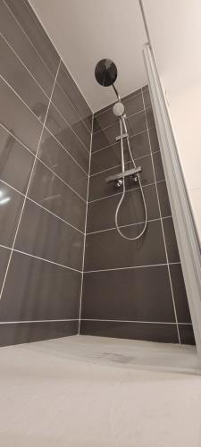 a shower in a room with at Une jolie vue - Appt 2 pièces Vue mer Balcon sud in Wimereux