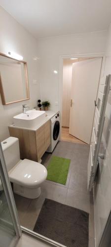 a bathroom with a sink toilet and a washing machine at Une jolie vue - Appt 2 pièces Vue mer Balcon sud in Wimereux