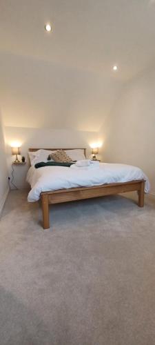 a bedroom with a bed with two lights on it at The Court Cottage 2 bedroom in Exeter