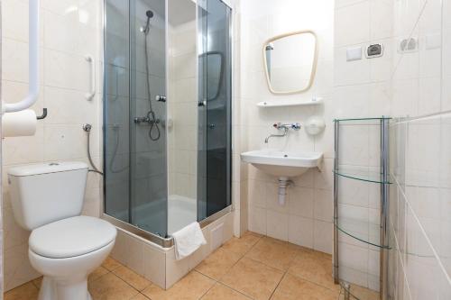 a bathroom with a shower and a toilet and a sink at Ryterski in Rytro
