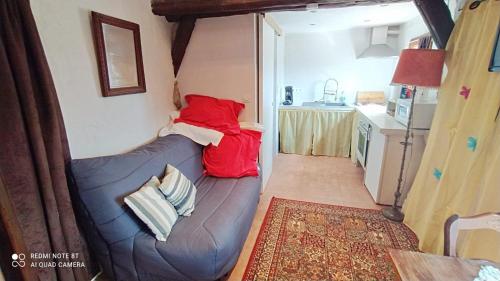 una sala de estar con sofá en una casa pequeña en Gîte Studio Saint Ribert, en La Rochette