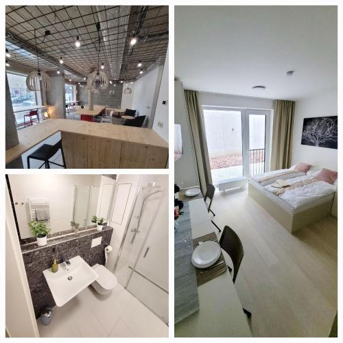 two pictures of a living room and a bedroom at Garden apartment Brno center in Brno