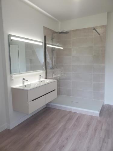 a white bathroom with a sink and a mirror at Logis des Tourelles Appartement in Cognac