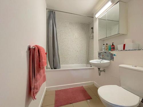 a bathroom with a white toilet and a sink at Ground Floor Flat On Bath Road! in Cranford