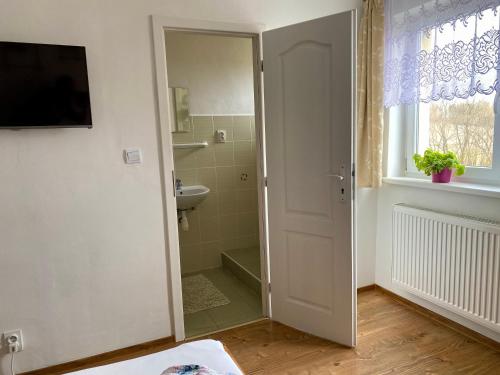 a bathroom with a shower and a toilet and a sink at Villa Slnecnica in Nová Lesná